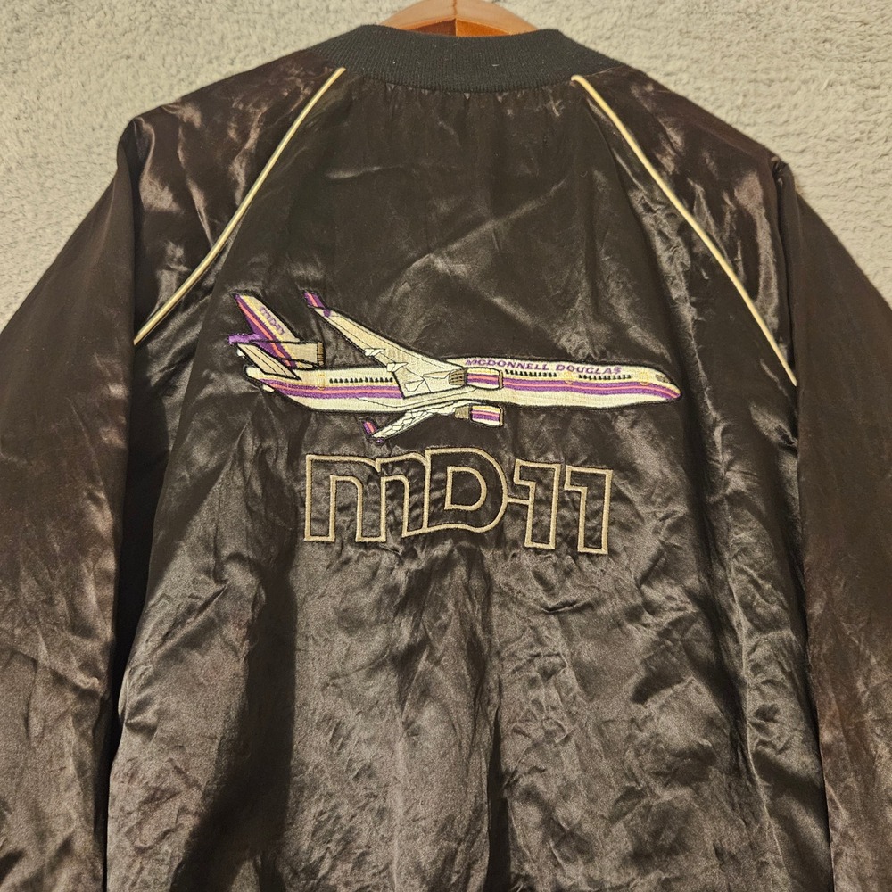 Vintage High Five McDonnell Douglas MD-11 Satin Bomber Jacket Mens Black USA